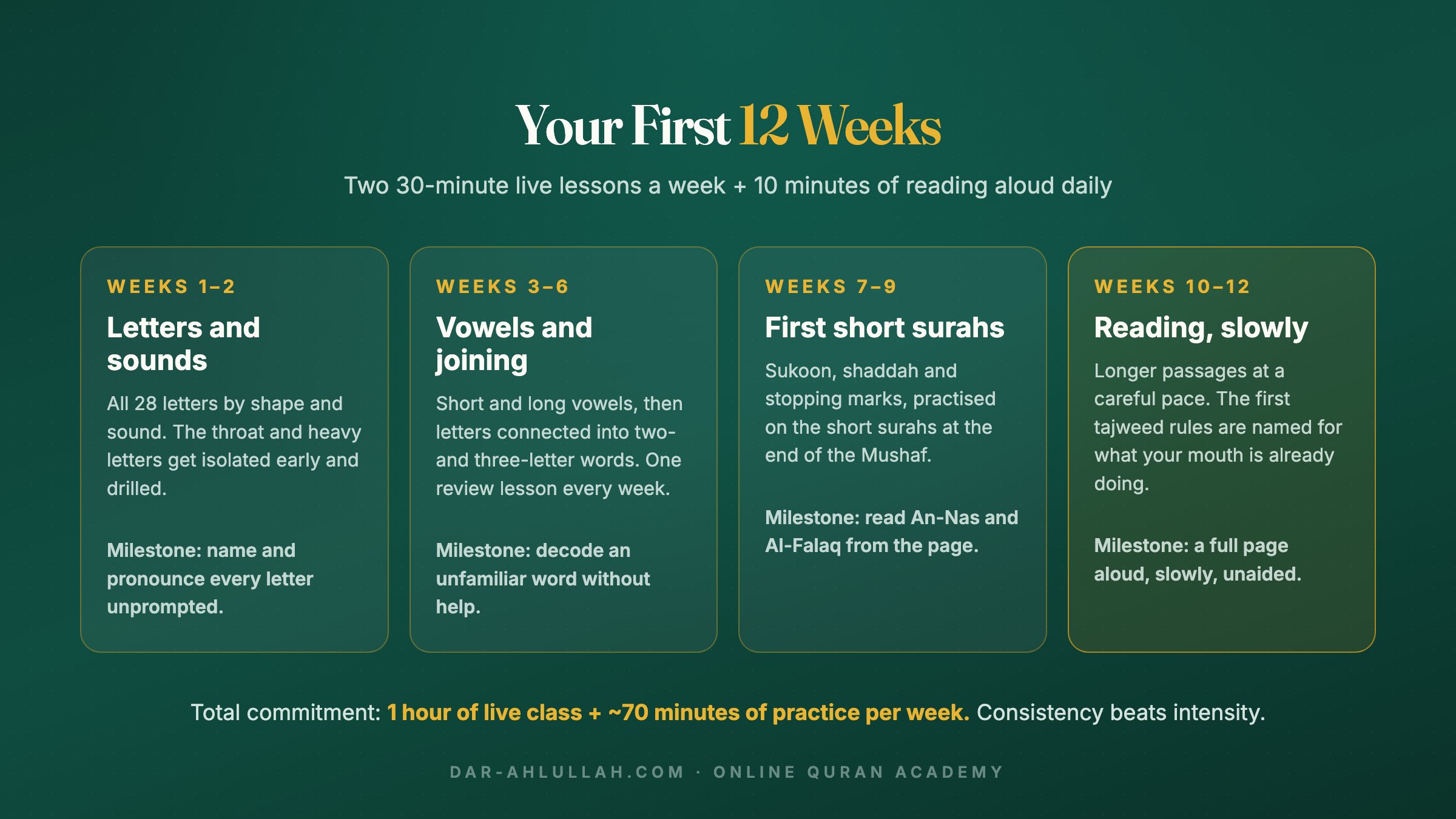 learn Quran for adults 12-week roadmap: weeks 1-2 letters and sounds, weeks 3-6 vowels and joining, weeks 7-9 first short surahs, weeks 10-12 reading a full page