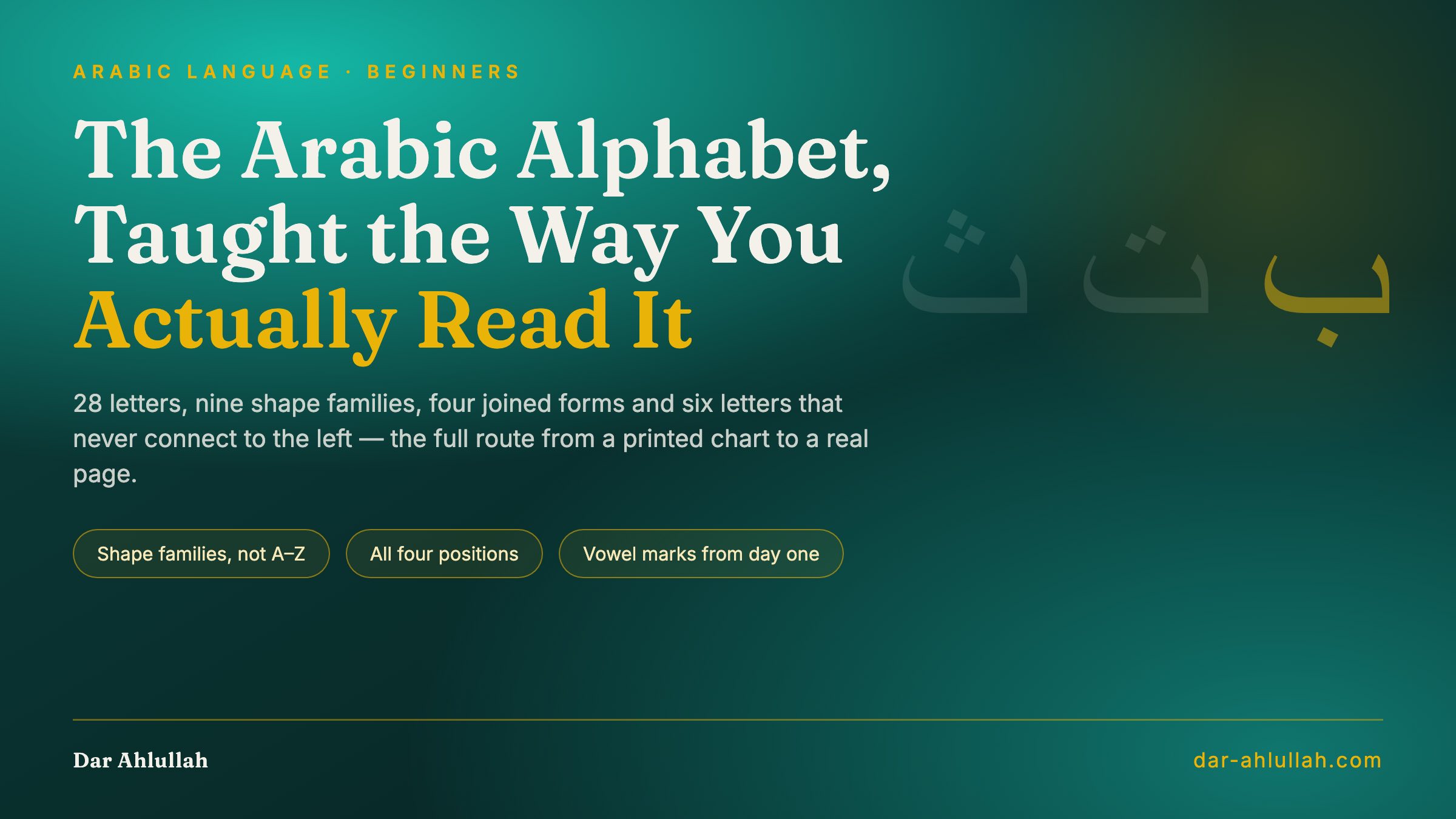 Arabic alphabet for beginners - the 28 letters grouped into shape families with their dot patterns, the four positional forms and the short vowel marks