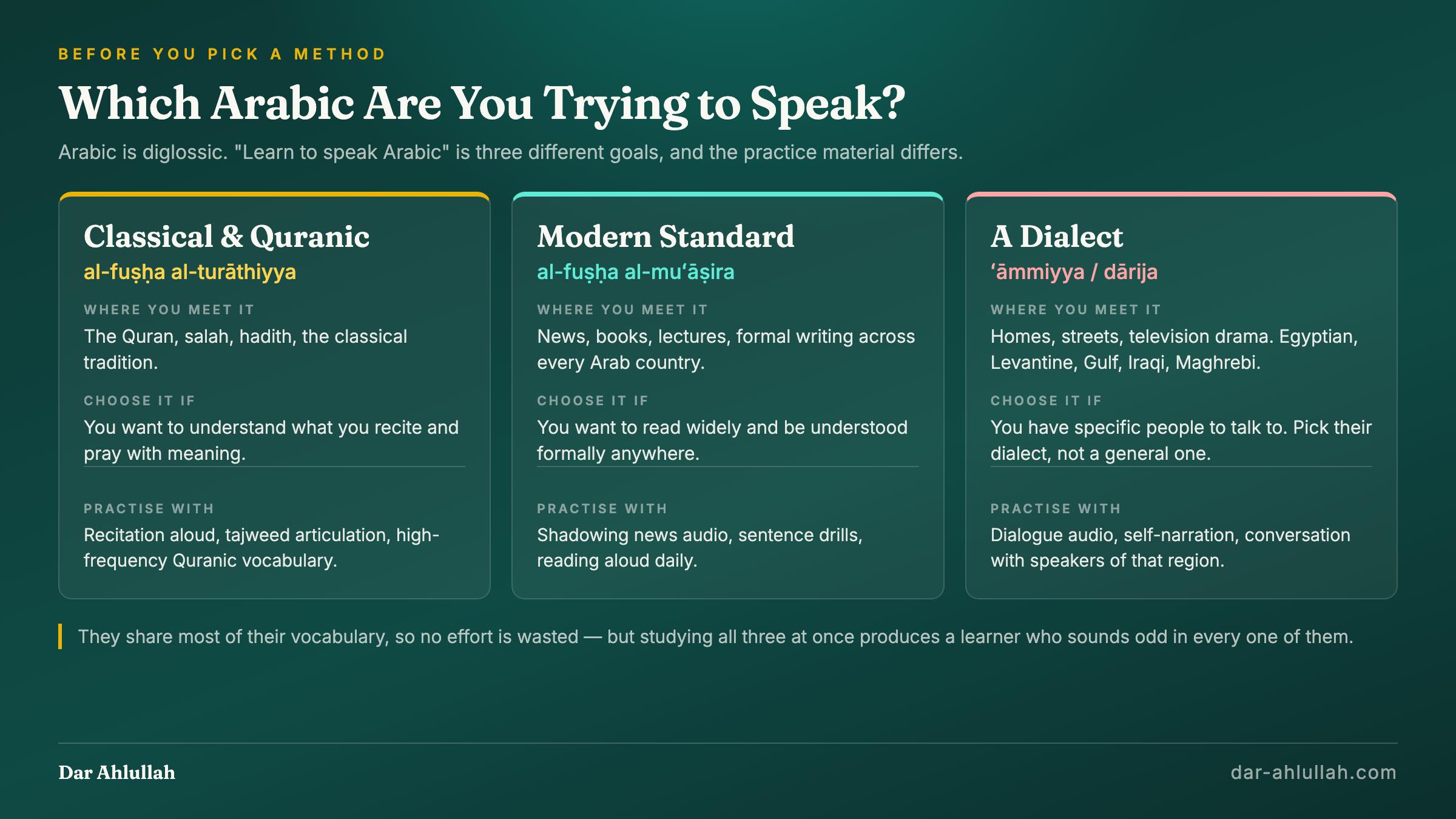 Which Arabic to speak: Classical and Quranic Arabic for worship and understanding scripture, Modern Standard Arabic for news lectures and formal speech, and regional dialects such as Egyptian and Levantine for everyday conversation