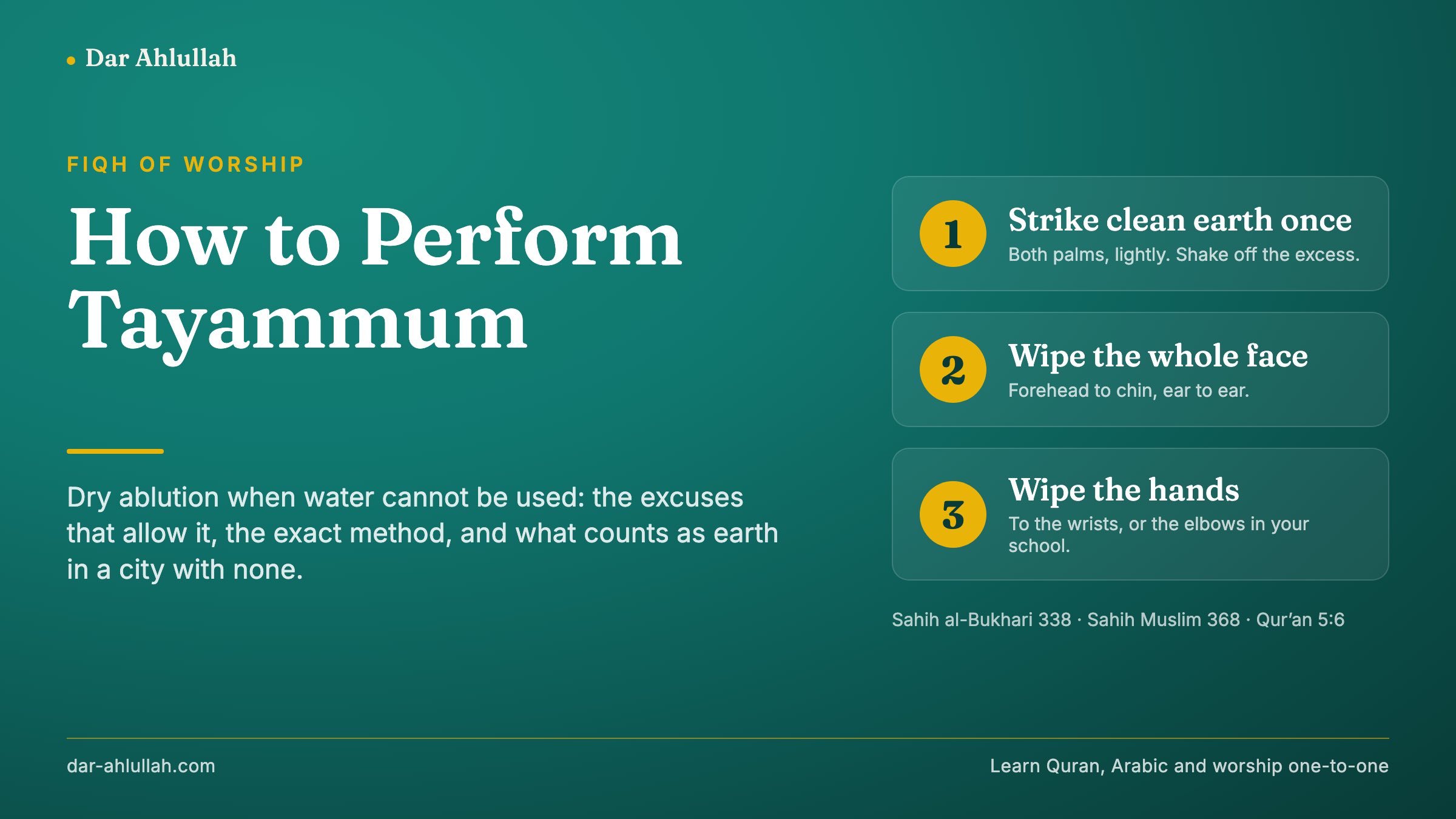 How to perform tayammum - the dry ablution in three moves, strike clean earth once, wipe the face, wipe the hands, with the situations that allow it and the surfaces that count