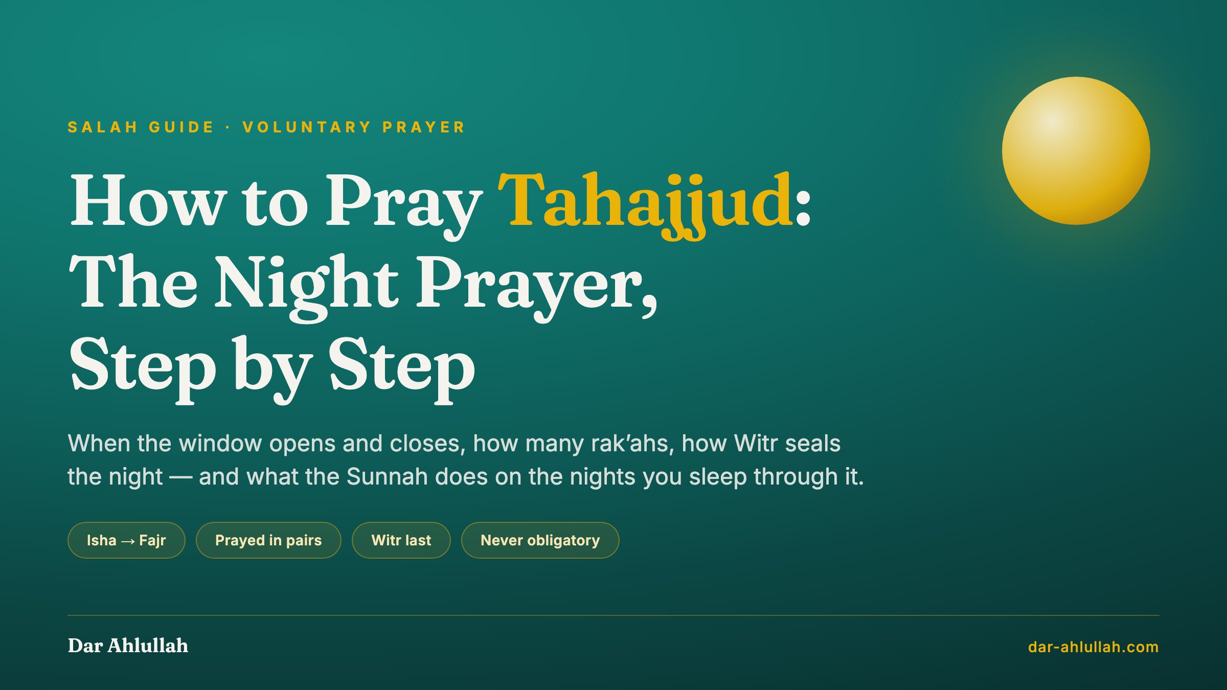 How to pray Tahajjud - the voluntary night prayer explained, from the window between Isha and Fajr through the rak'ahs prayed in pairs to the Witr that closes the night