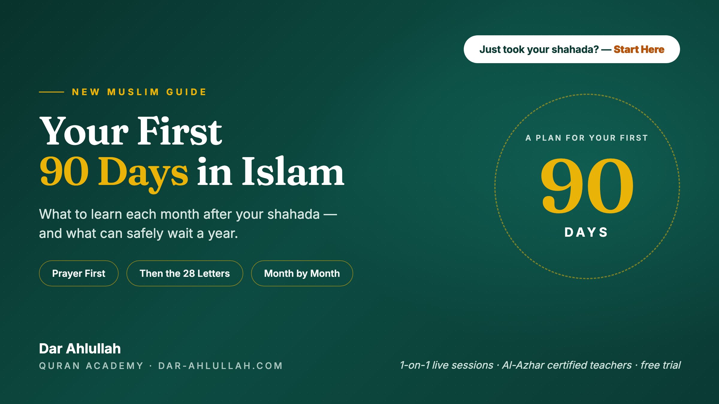 new Muslim guide - the first 90 days after shahada, month one wudu and prayer, month two the 28 Arabic letters, month three routine and community
