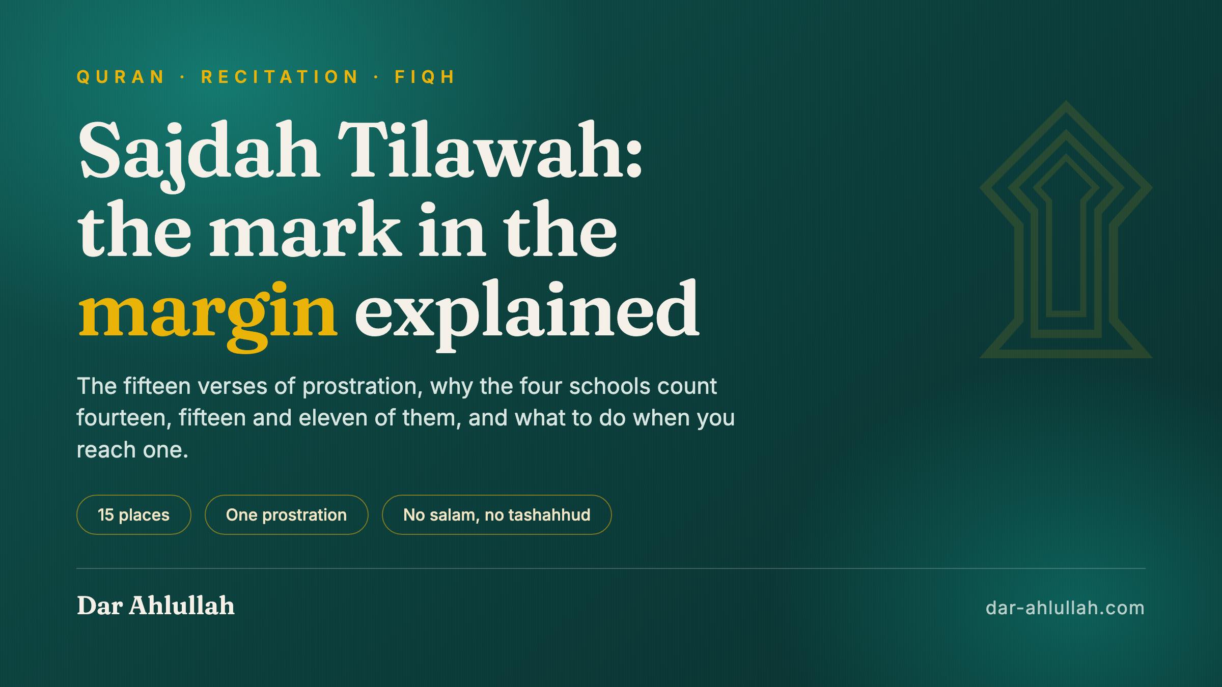 Sajdah tilawah, the prostration of recitation - what the prostration marker in the margin of a mushaf means, where the fifteen verses of prostration are, and how to perform the single prostration they call for