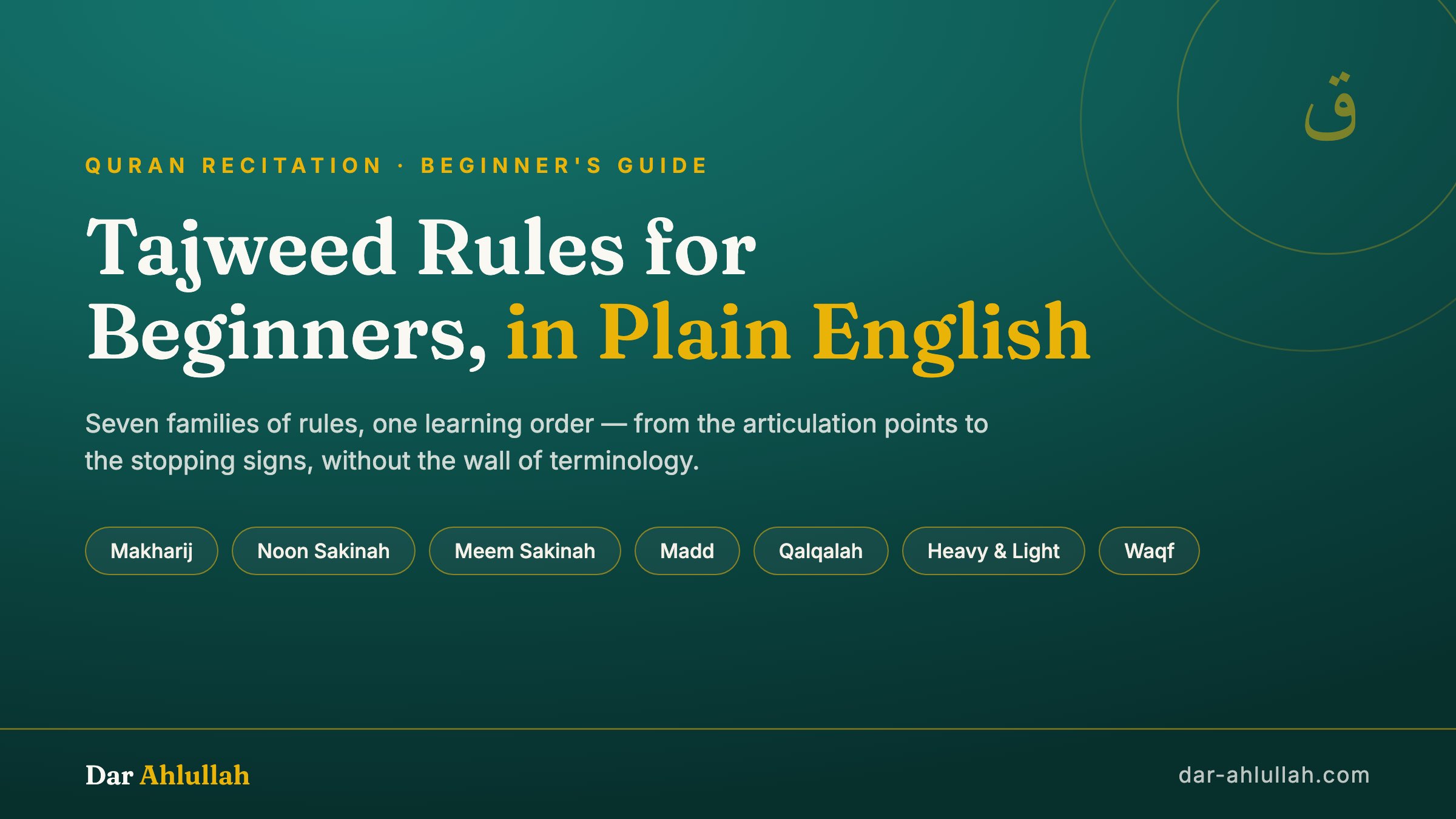 Tajweed rules for beginners - a plain-English guide to the seven rule families: makharij, noon sakinah and tanween, meem sakinah, madd, qalqalah, heavy and light letters, and waqf