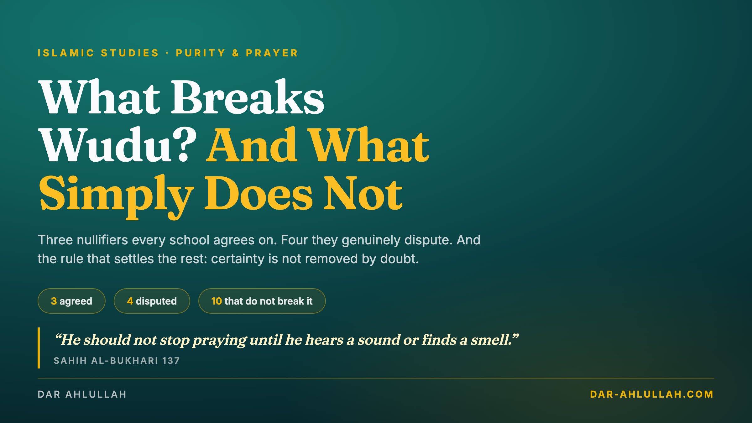 What breaks wudu - a guide to the agreed nullifiers of ablution, the four cases the schools of law dispute, and the things that do not break wudu at all