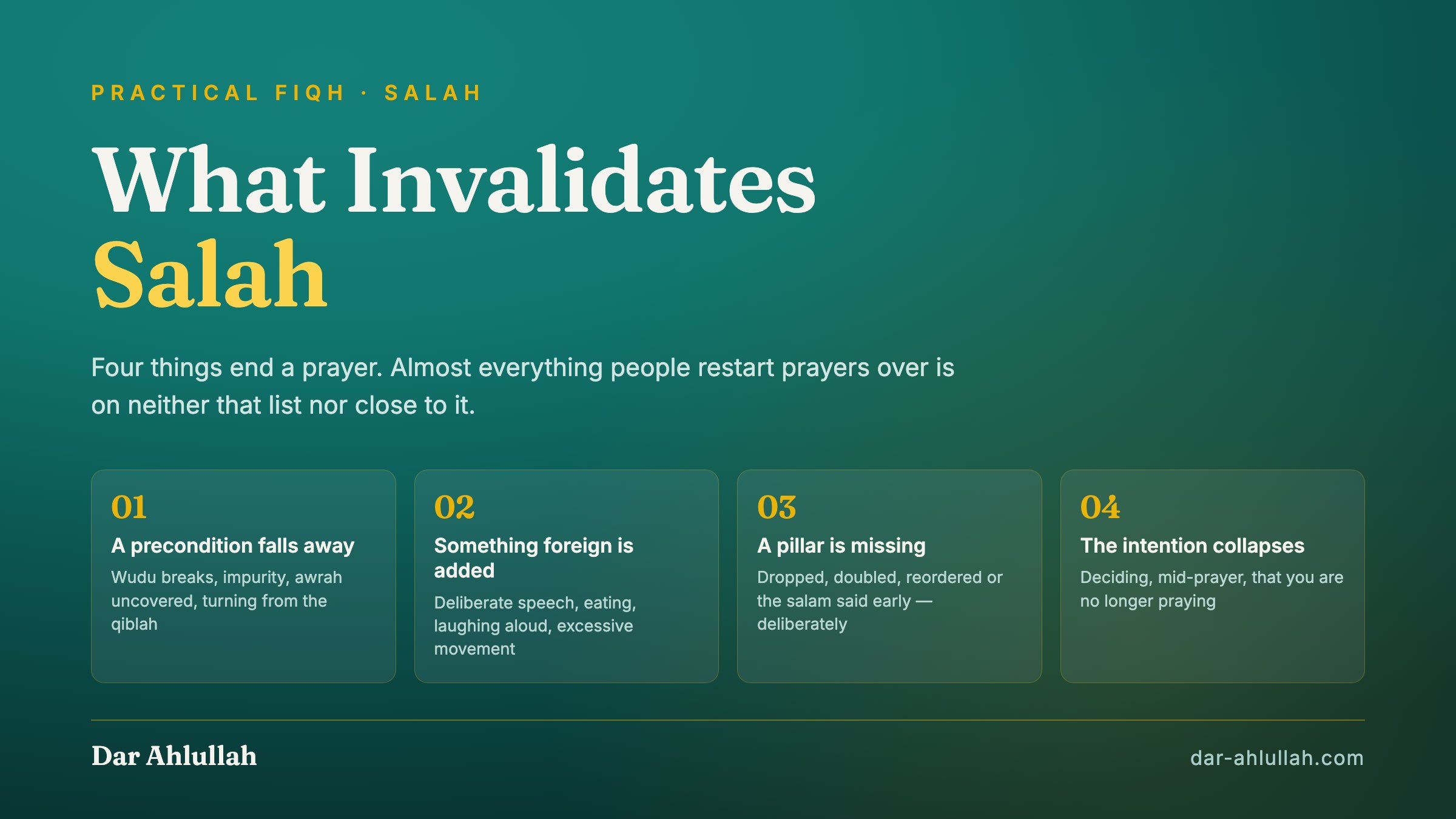 What invalidates salah - the four ways a prayer actually ends, set against the longer list of interruptions that do not break the prayer at all