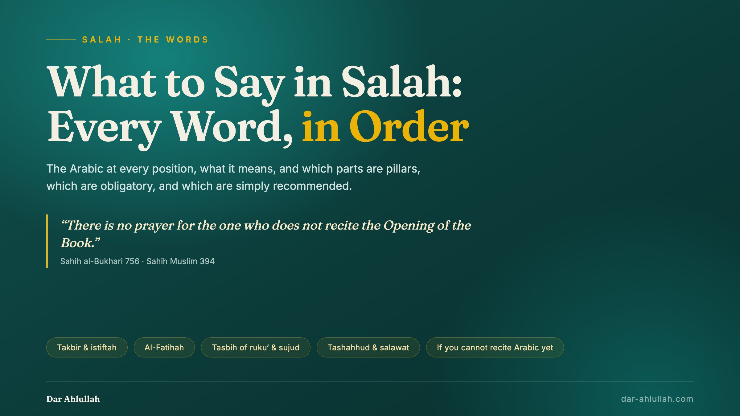 What to say in salah - a guide to every recitation of the Muslim prayer in order, from the opening takbir through al-Fatihah and the tashahhud to the closing salam