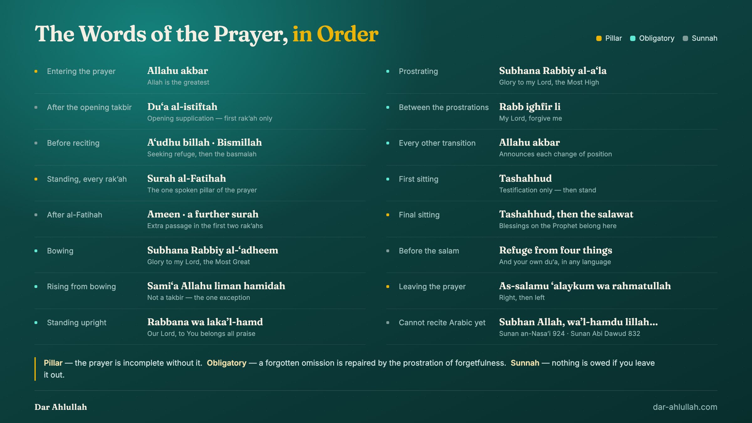 Infographic showing what to say in salah at each position: takbir, opening supplication, al-Fatihah, tasbih of bowing and prostrating, tashahhud and taslim, colour-coded by whether each is a pillar, obligatory or sunnah